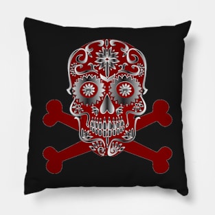 Red Sugar Skull Day Of The Dead Skull And Crossbones Pillow