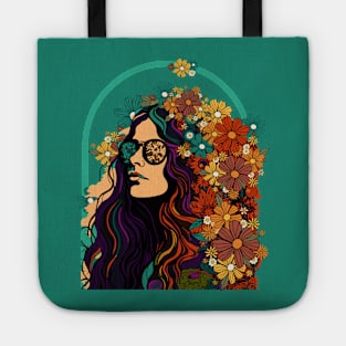 Hippie Style Girl And Colorful Flower Garden Retro Aesthetic Tote