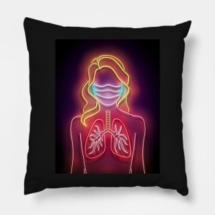 Glow Female Silhouette with Healthy Lungs and Face Mask Protective Pillow