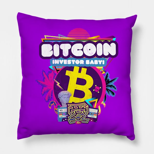 Bitcoin Investor Baby Retrowave 80s Stock Trading HODL Pink Pillow by MapYourWorld