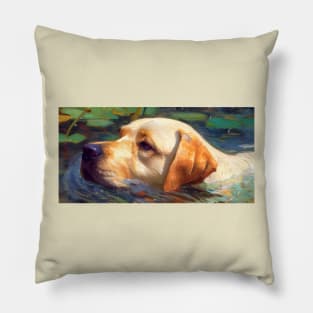 a Labrador Retriever swimming in the river painting Pillow