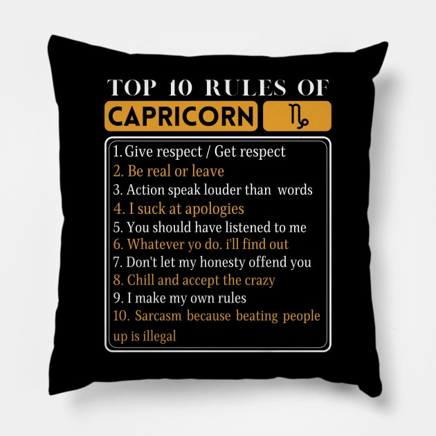 Top 10 Rules Of Capricorn, Capricorn Facts Traits Pillow by JustBeSatisfied