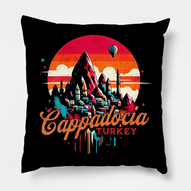 Cappadocia Turkey Vibrant Retro Design Pillow by Miami Neon Designs