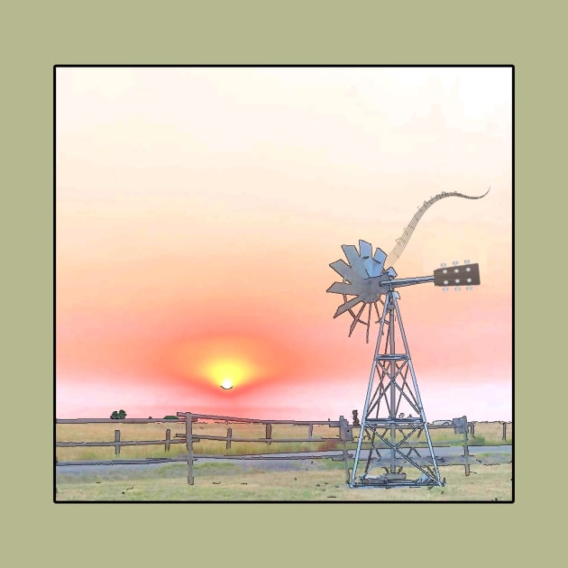 Farm Scene with Rustic Windmill Playing into the Sunset by numpdog