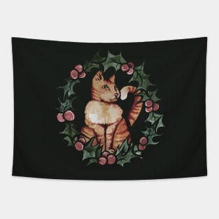 Orange Cat Christmas Holly Tapestry