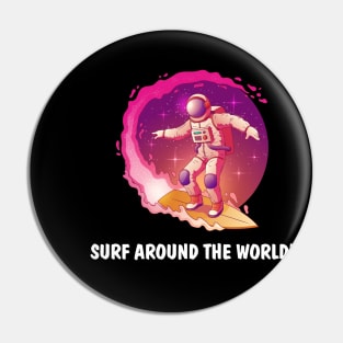 Astronaut in spacesuit standing on surfboard and surfing in milky way stars Pin