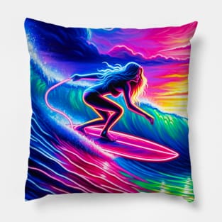 Colorful Neon Painting of Woman Surfing Pillow