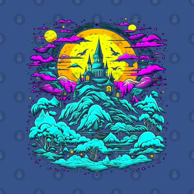 Haunted Castle On A Psychedelic Dreamscape Hill by vystudio