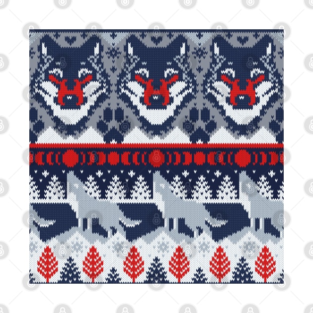 Fair isle knitting grey wolf // pattern // navy blue and grey wolves red moons and pine trees by SelmaCardoso