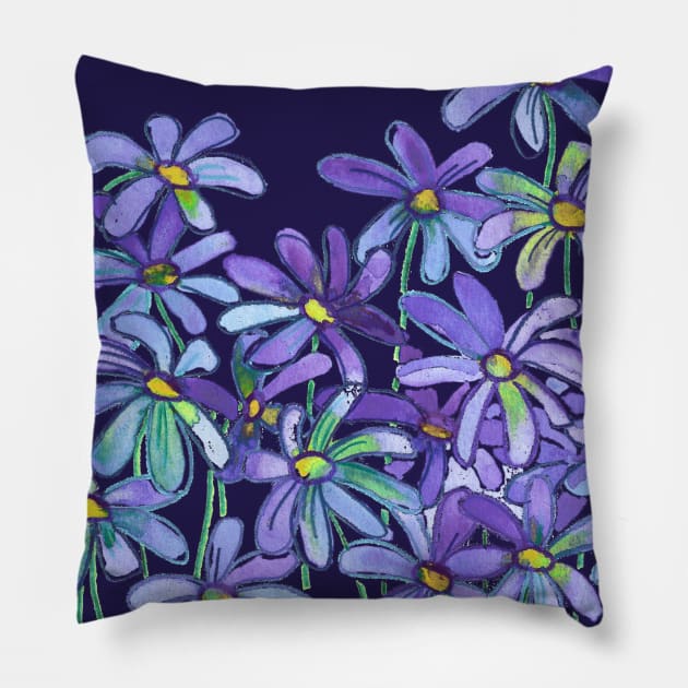 Purple Daisies in Watercolor & Colored Pencil Pillow by micklyn