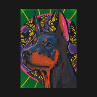 Black dog Doberman and machaon butterflies T-Shirt