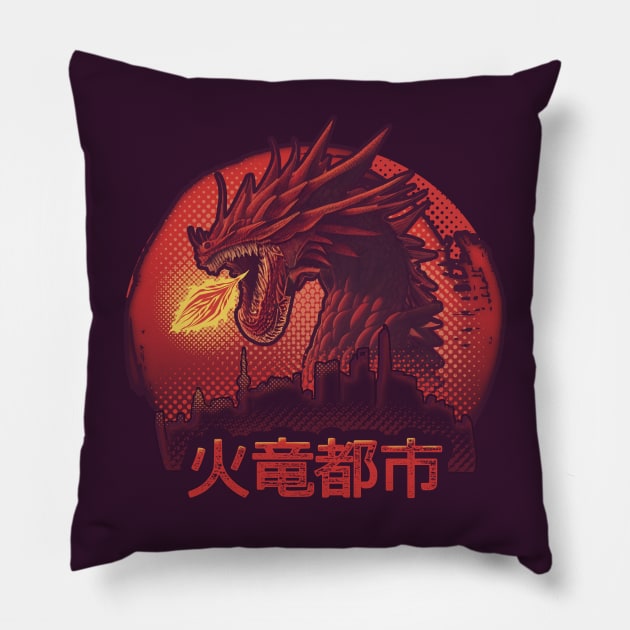 Flaming Dragon City Pillow by Lonesto