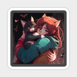 2d illustration of woman hugs her cat in anime style Magnet