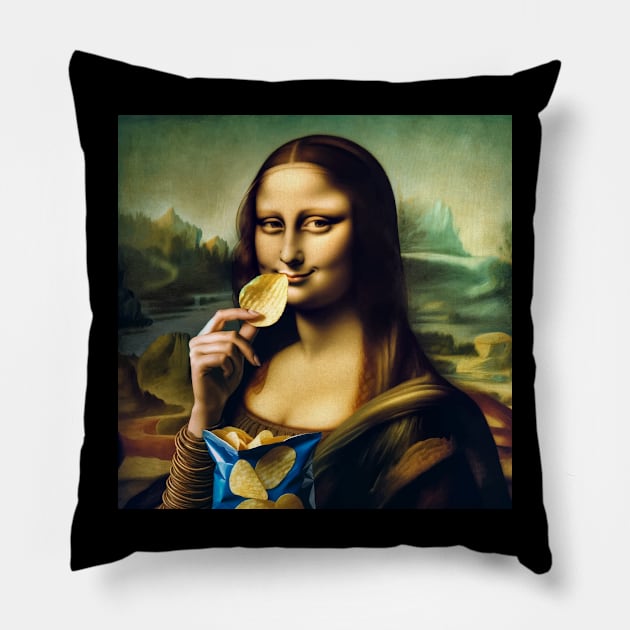 Mona Lisa Potato Chip Delight: National Potato Chip Day Pillow by Edd Paint Something