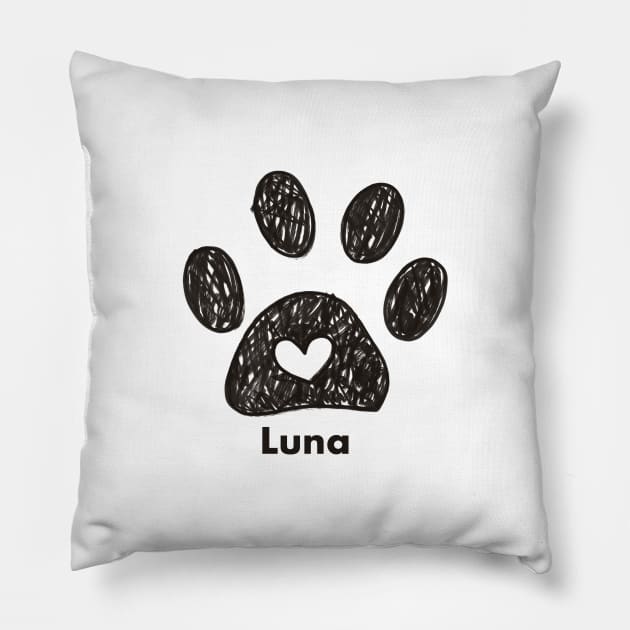 Luna name made of hand drawn paw prints Pillow by GULSENGUNEL