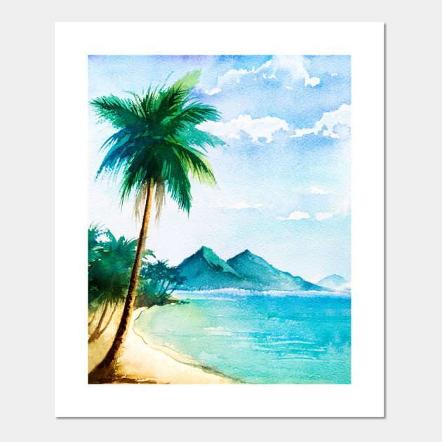 Watercolor Tropical Beach Scene With Palm Trees Beach Scene With