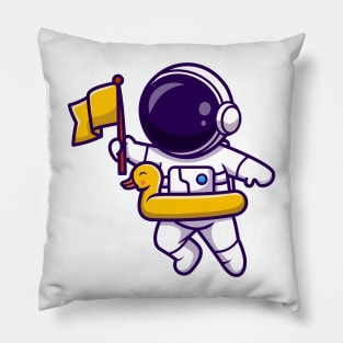 Astronaut Bring Flag And Floating With Duck Tires Cartoon Pillow