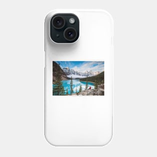 Man Sitting Near Moraine Lake Banff National Park Phone Case