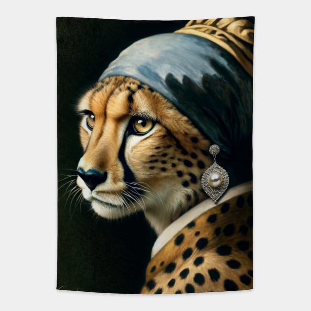 Wildlife Conservation - Pearl Earring Cheetah Meme Tapestry by Edd Paint Something