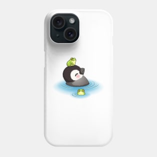 Happy emperor penguin chick with frog Phone Case