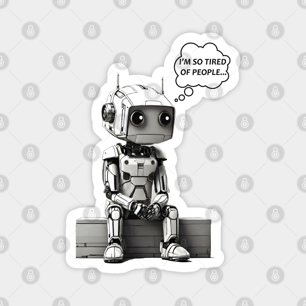 Cute Robot Tired of People retro anime comic funny design Magnet by Neon City Bazaar