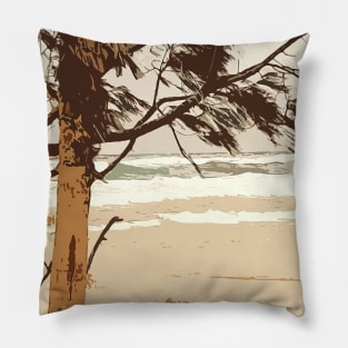 Tropical view, sea, tree, wind, beach, ocean, summer, landscape, digital, nature, water, travel, waves, art, minimal, surf, Pillow