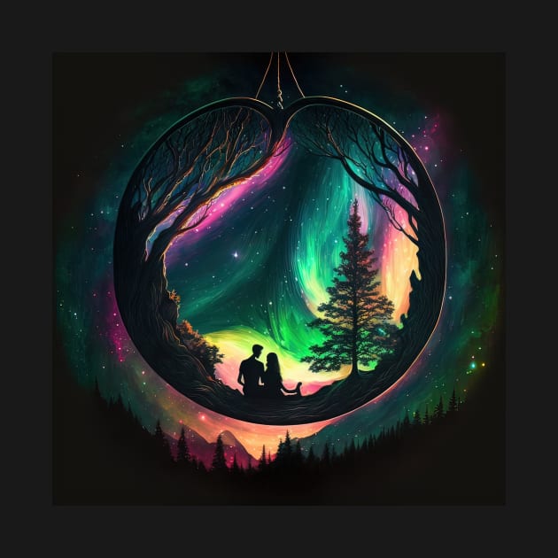 Couple in Heart shaped tree watching the northern lights. by thewandswant