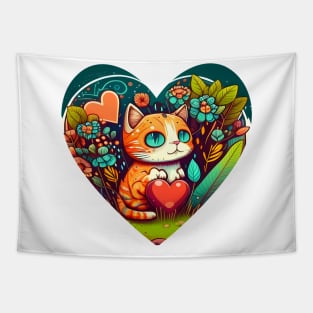 Bright Eyed Orange Cat With Big Heart In The Garden - Funny Cats Tapestry