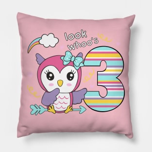 3rd Birthday Cute Owl "Look Whoo´s 3" Girls Pillow