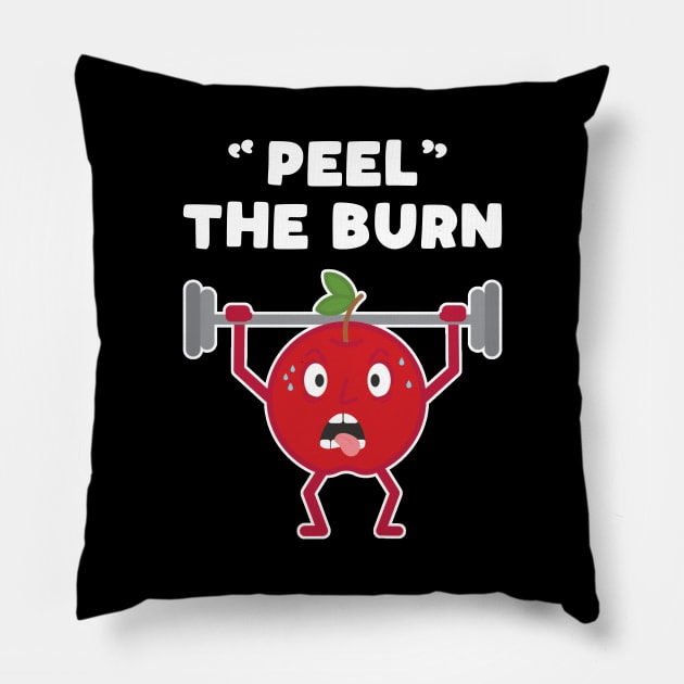 Funny Apple Peel the Burn Strength Training Weight Lifting Pun Pillow by MedleyDesigns67