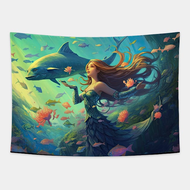 Oceanic Siren: Pastel Delight of a Mermaid Tapestry by MerlinArt