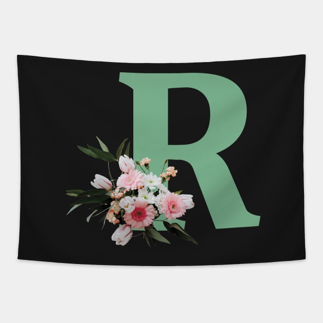 Letter R green with colorful flowers Tapestry by ColorsHappiness