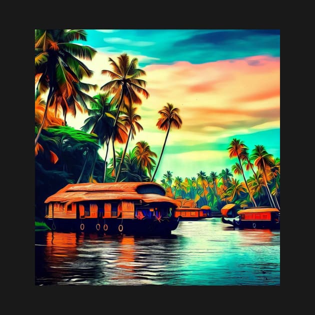 Elegant Kerala natural landscape of coconut trees sunset sky river and houseboat by Mandalasia