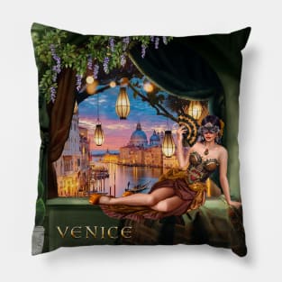 Carnival Day in Venice and Masked Woman Pillow