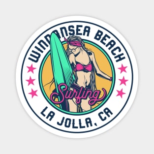 Retro Surfer Babe Badge Windansea Beach La Jolla California Magnet