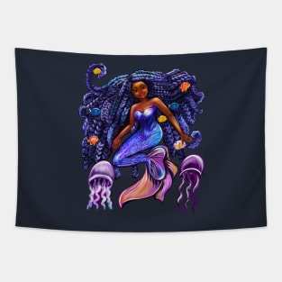 mermaid with flowing shimmering blue black braids fish and jelly fish  , brown eyes curly Afro hair and caramel brown skin Tapestry