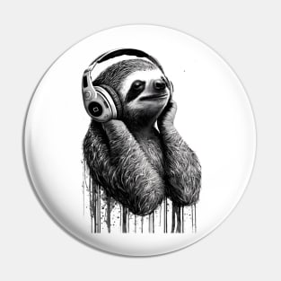 Sloth Painting Wearing Headphones in Black and White Pin