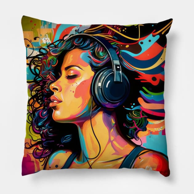 Beautiful Latina Listening to Music Pillow by Unboxed Mind of J.A.Y LLC 