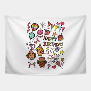 Illustration drawing of multi-ethnic group of young people celebrate birthday party. Happy birthday celebration concept. Tapestry