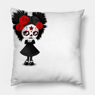 Shy Big Eyes Day of the Dead Girl with Red Roses Pillow