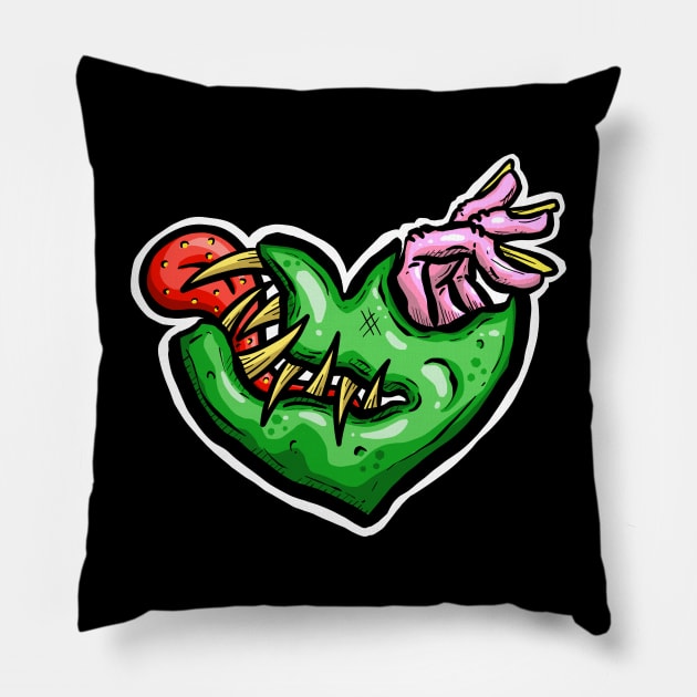 Zombie Heart Tongue and Fingers Green Valentines Day Pillow by Squeeb Creative