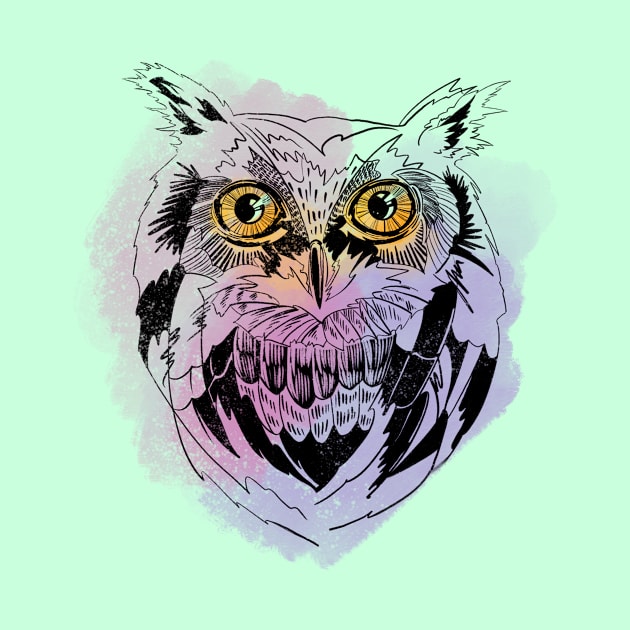 Owl graphic illustration on watercolor background by meridiem