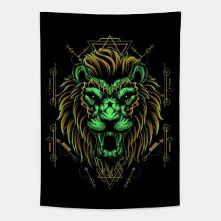 Geometric Fierce Green Lion Tapestry