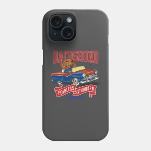 Humor Funny and Cute Doxie Dachshund dog driving a Vintage car with classic red white and blue flags for a retro parade Phone Case