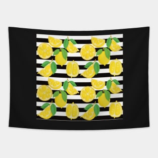 Pattern with lemons on blackandwhite  striped background Tapestry