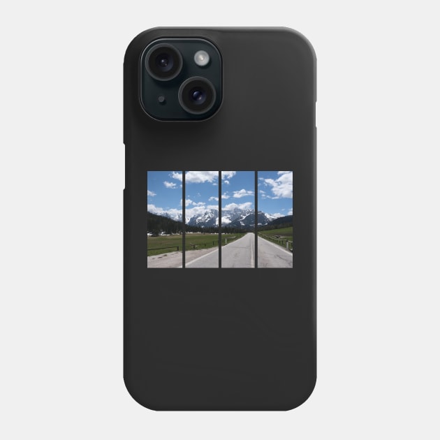 A shot on the move from the windshield of an electric car with italian snow-covered alps mountains in front of it. Sunny spring day. POV first person view shot on a mountain road. No people. Phone Case by fabbroni-art