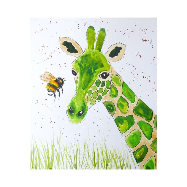 Cute Green Giraffe and a Bumble bee by Casimirasquirkyart