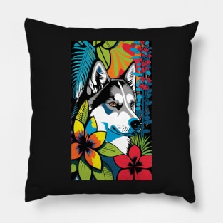 Husky Dog Vibrant Tropical Flower Tall Retro Vintage Digital Pop Art Portrait 3 Pillow