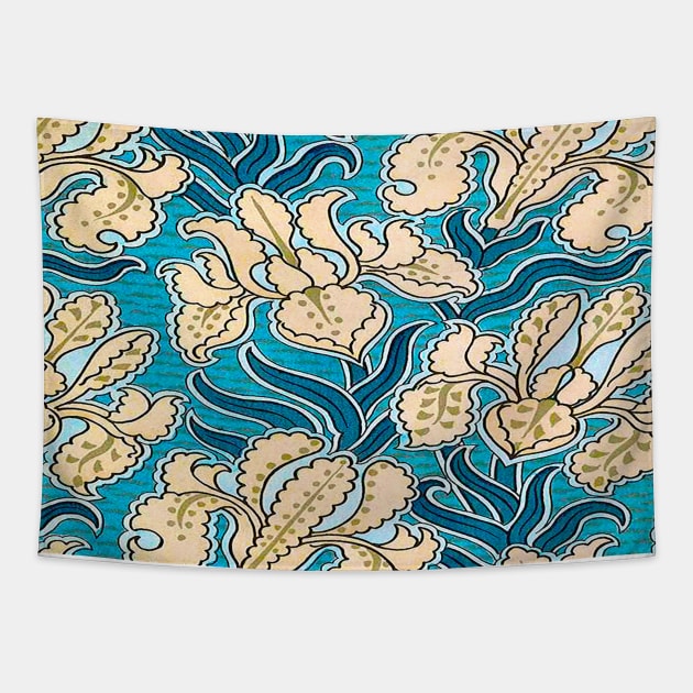 Relief design with stylized flowers vintage colorful print lilac blue Tapestry by Marccelus