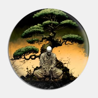 Tranquility in Chaos: Meditating Under the Japanese Bonsai Tree on a Dark Background Pin